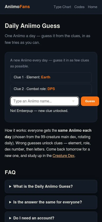 Daily Aniimo Guess at phone size after one wrong guess, with the Earth element and DPS role clues above the name box and Guess button