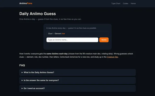 The Daily Aniimo Guess board showing the first clue, Element: Ice, with a box to type an Aniimo name and a Guess button
