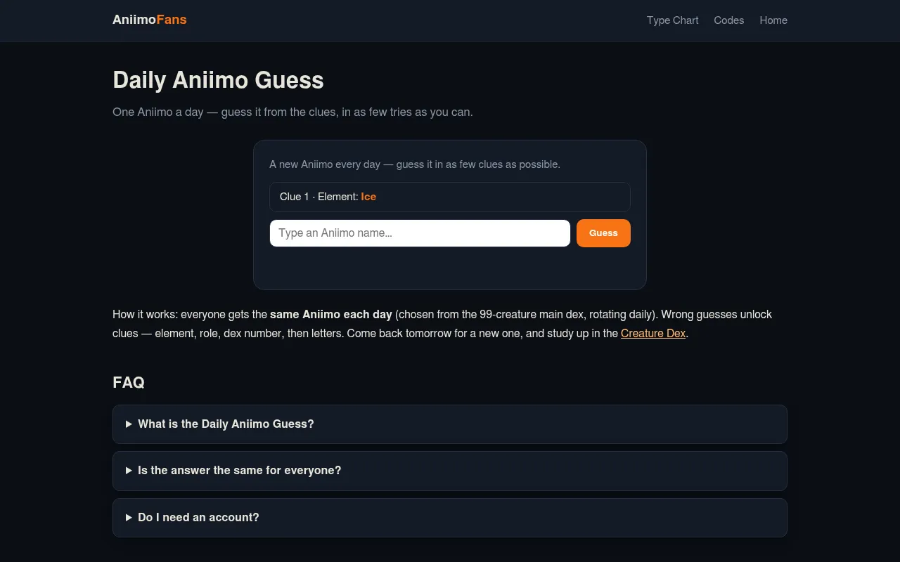 The Daily Aniimo Guess board showing the first clue, Element: Ice, with a box to type an Aniimo name and a Guess button