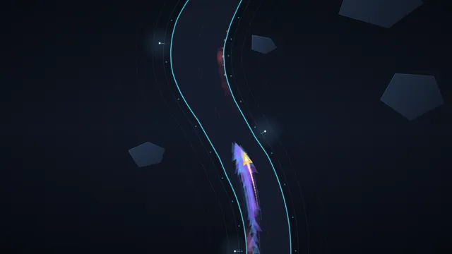 Daily Apex: a glowing arrow car with a purple trail of ghosts taking an S-bend on a dark neon-edged track