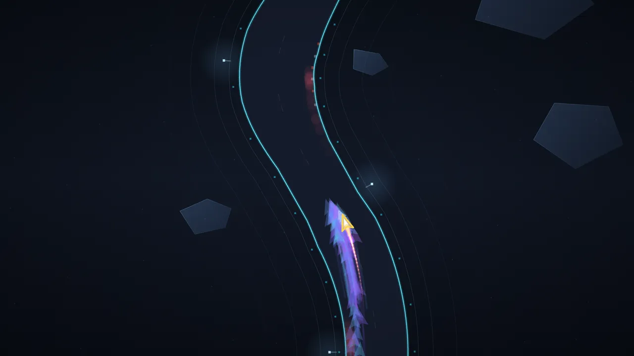 Daily Apex: a glowing arrow car with a purple trail of ghosts taking an S-bend on a dark neon-edged track