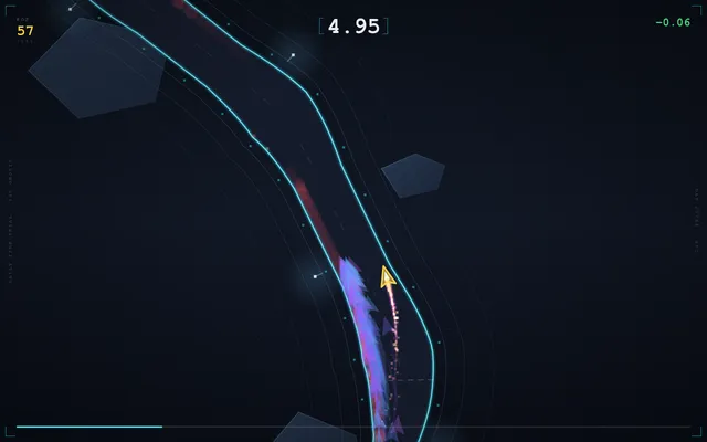 Daily Apex mid-run on today's course: the yellow arrow car beside a purple pack of ghosts, the timer at 4.95 and position 57 of 141