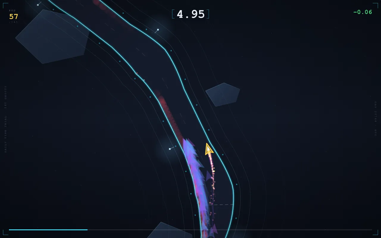 Daily Apex mid-run on today's course: the yellow arrow car beside a purple pack of ghosts, the timer at 4.95 and position 57 of 141