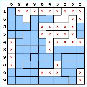 An Aquarium grid of tanks partly filled with water and number clues on the edges, from puzzle-aquarium.com