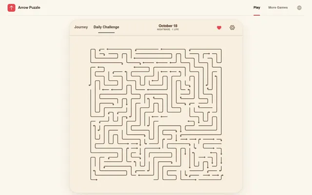 Daily Arrow Puzzle board for October 18: a dense square tangle of bent arrow paths under the Daily Challenge tab, Nightmare, 1 life