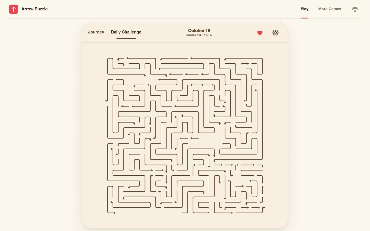 Daily Arrow Puzzle board for October 18: a dense square tangle of bent arrow paths under the Daily Challenge tab, Nightmare, 1 life