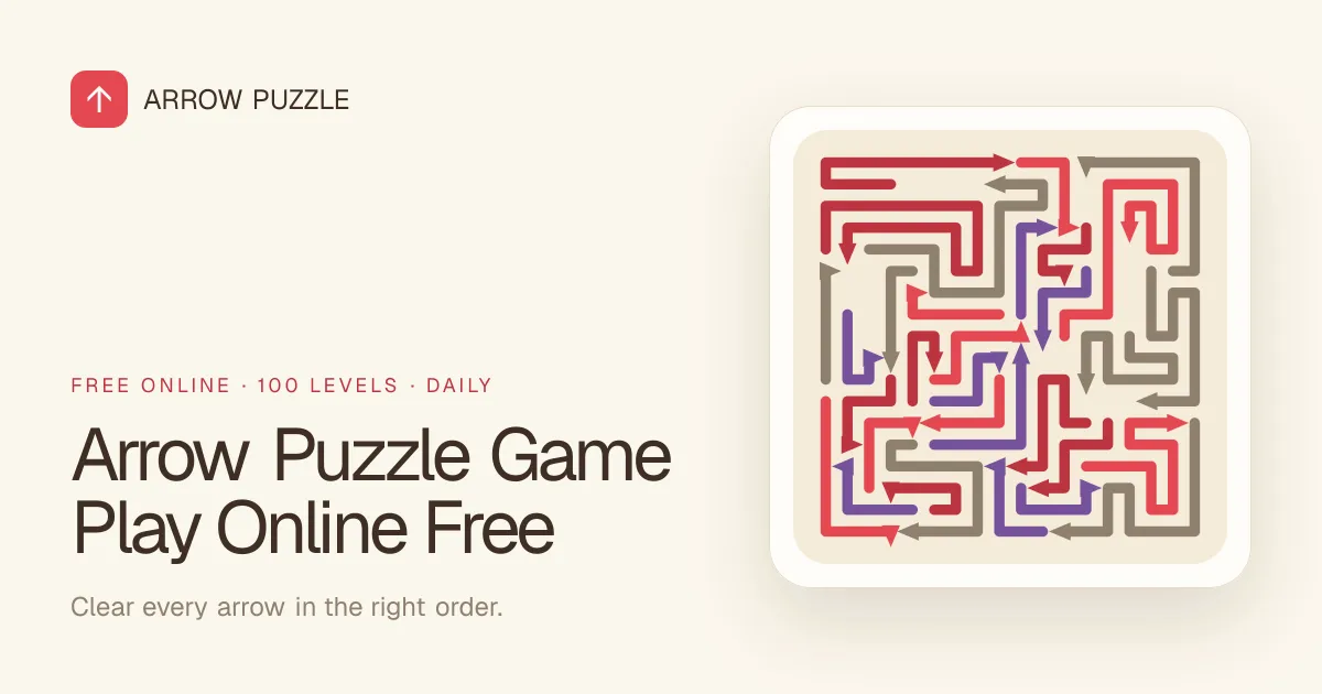 Arrow Puzzle card: a square board of interlocking red, purple and grey arrow paths beside the game's name
