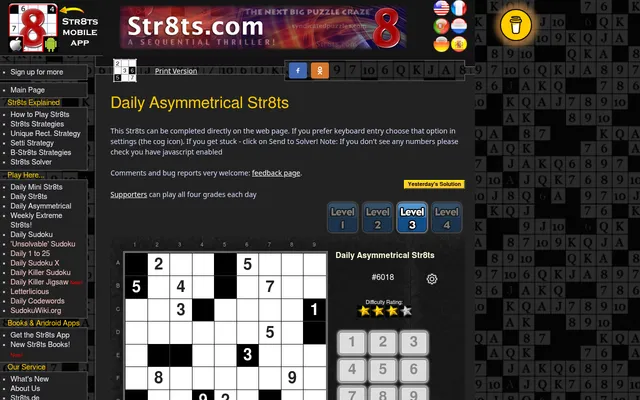 Daily Asymmetrical Str8ts #6018: a 9x9 grid of white and black cells with given numbers, level buttons 1 to 4, a three-star difficulty rating and a number pad