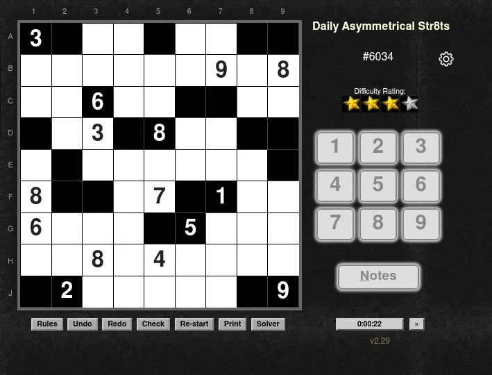 Daily Asymmetrical Str8ts #6034 for 20 October 2026: today's empty 9x9 board with black cells and given numbers, a three-star rating, number pad, Notes and timer