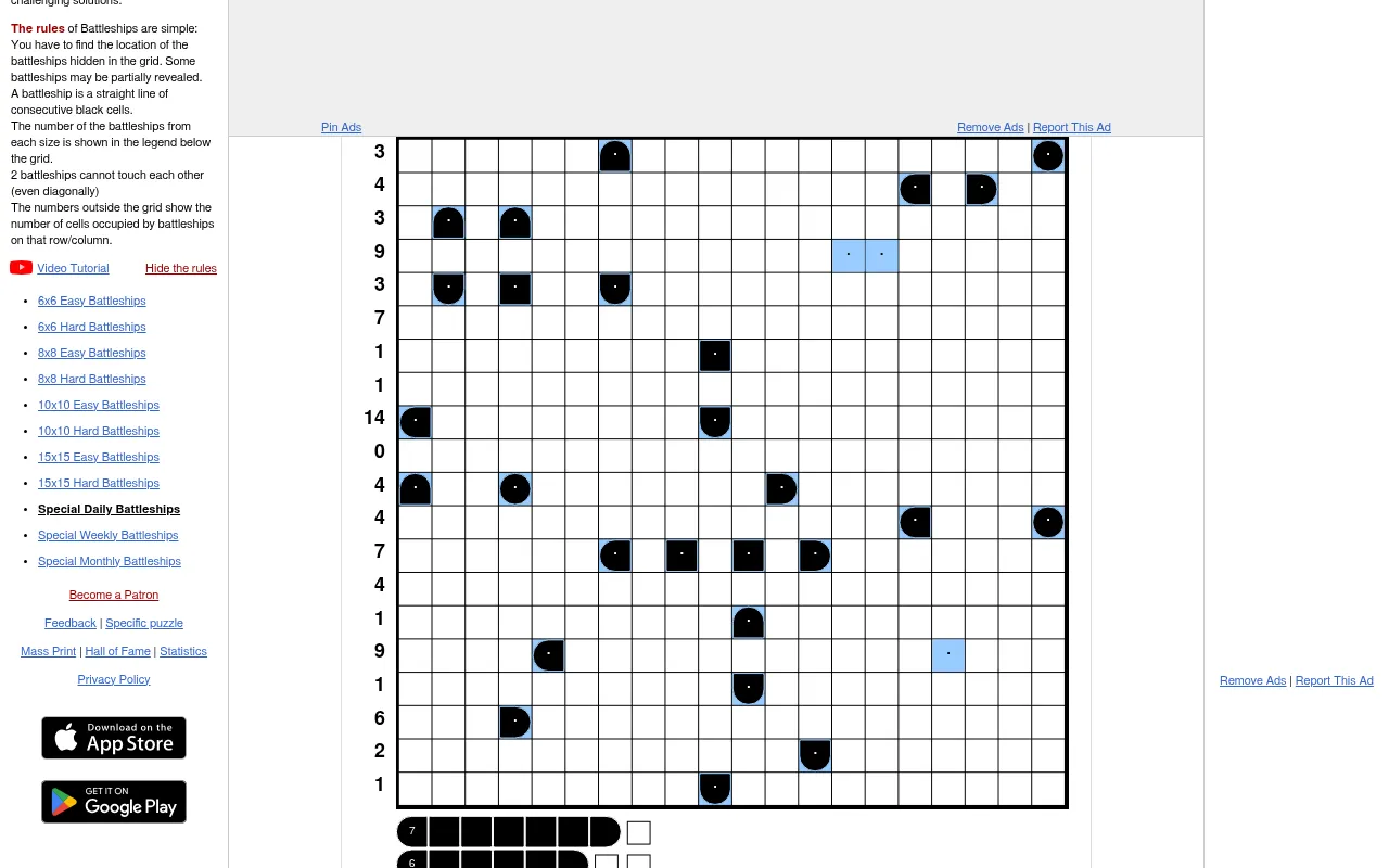 The Special Daily Battleships on puzzle-battleships.com: a large grid with ship counts beside each row and some ship segments revealed, the fleet legend below
