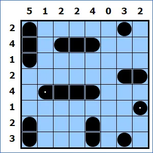 A Battleships grid with hidden ships and row and column counts, from puzzle-battleships.com
