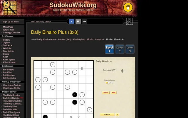 Daily Binairo Plus 8x8, puzzle #467 at Level 1: given black and white circles with X signs between cells, beside the timer, Check and Hint buttons