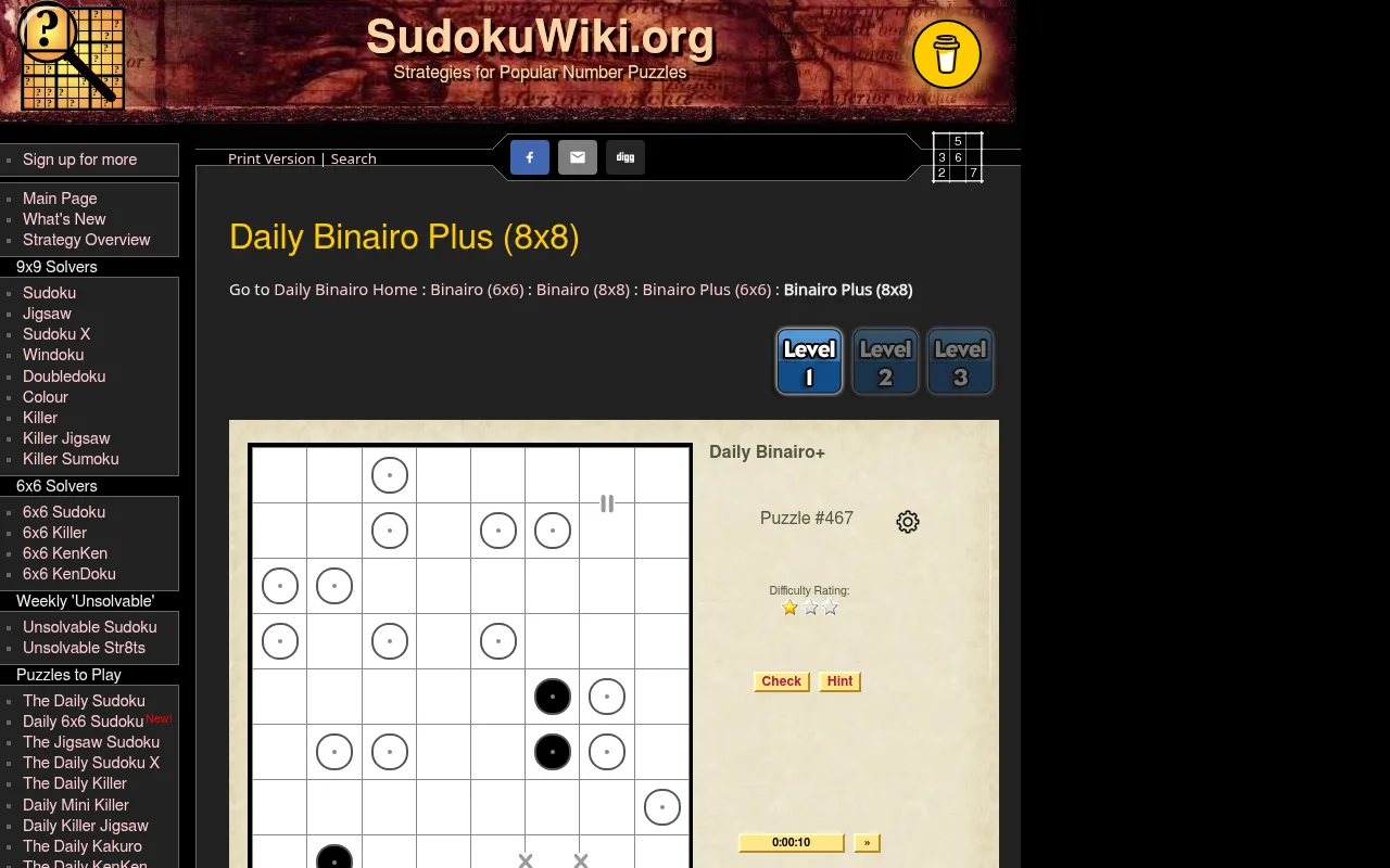 Daily Binairo Plus 8x8, puzzle #467 at Level 1: given black and white circles with X signs between cells, beside the timer, Check and Hint buttons