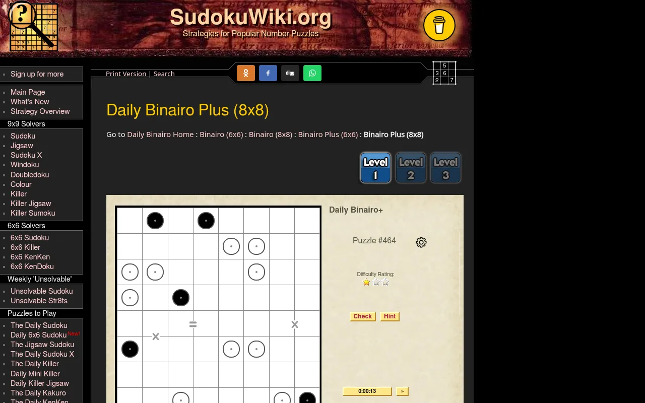 Daily Binairo Plus 8x8, puzzle #464 at Level 1: black and white circles with = and X signs between cells, next to the timer and the Check and Hint buttons