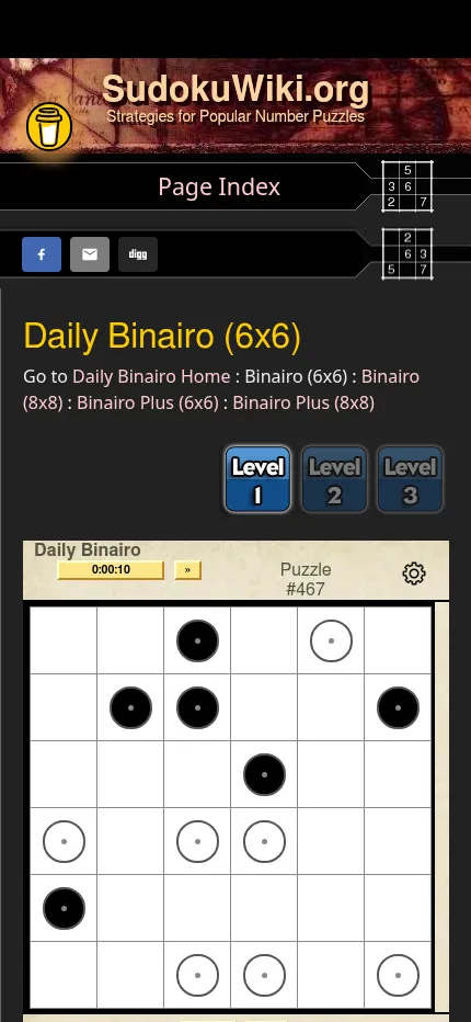 Daily Binairo 6x6, puzzle #467, on a phone: Level 1 to 3 buttons above a board of given black and white circles