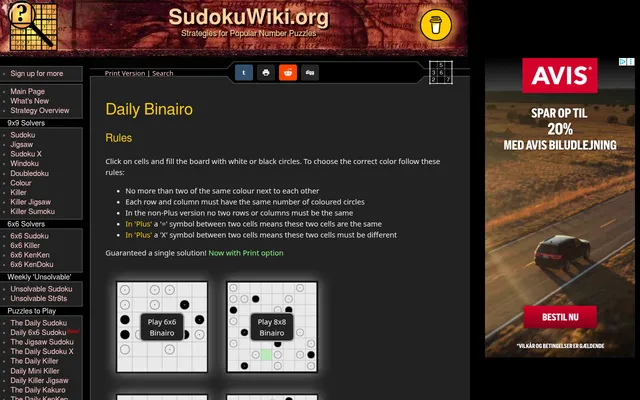 SudokuWiki Daily Binairo page: the rules for black and white circles, with the day's 6x6 and 8x8 Binairo boards showing their given circles behind Play buttons; an ad sits at the right