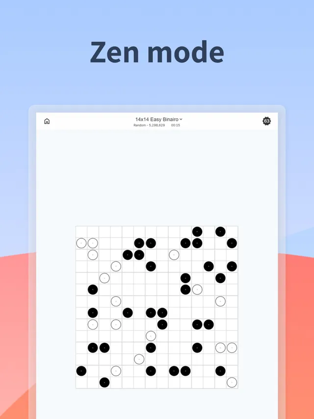A 14x14 Binairo grid of black and white circles in the PuzzleGym app
