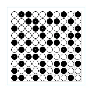 A solved Binairo grid filled with black and white circles