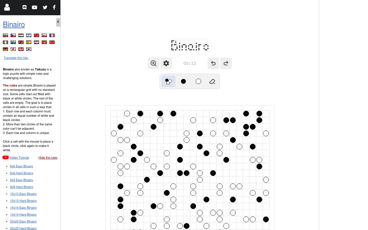 The Special Daily Binairo page on a desktop: rules on the left, timer and colour tools above the 24x24 board of the day