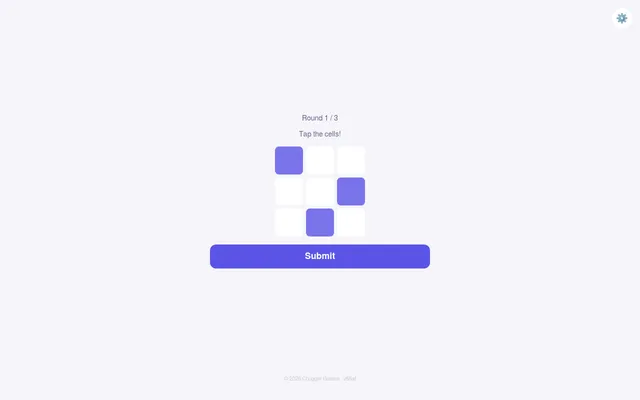 Daily Brain #256 in play: round 1 of today's Memory Grid, a 3 by 3 grid with three cells tapped in purple above the Submit button