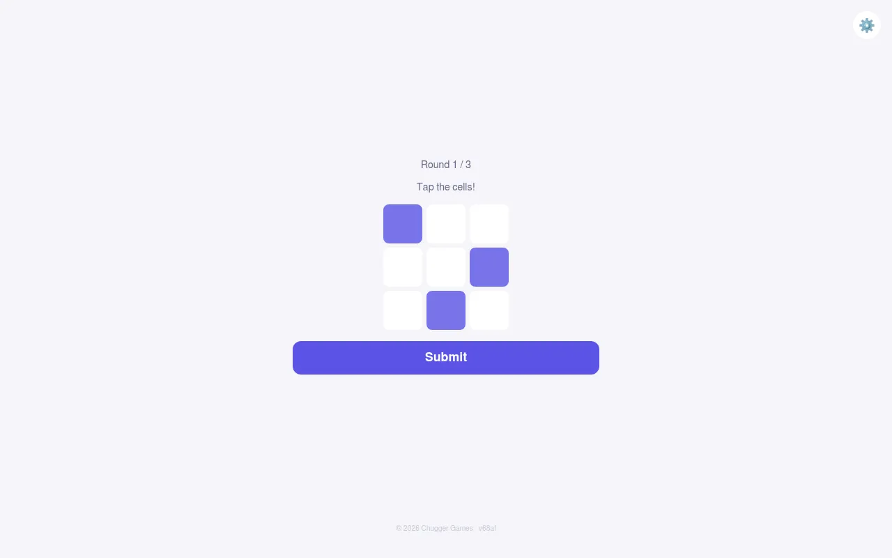 Daily Brain #256 in play: round 1 of today's Memory Grid, a 3 by 3 grid with three cells tapped in purple above the Submit button