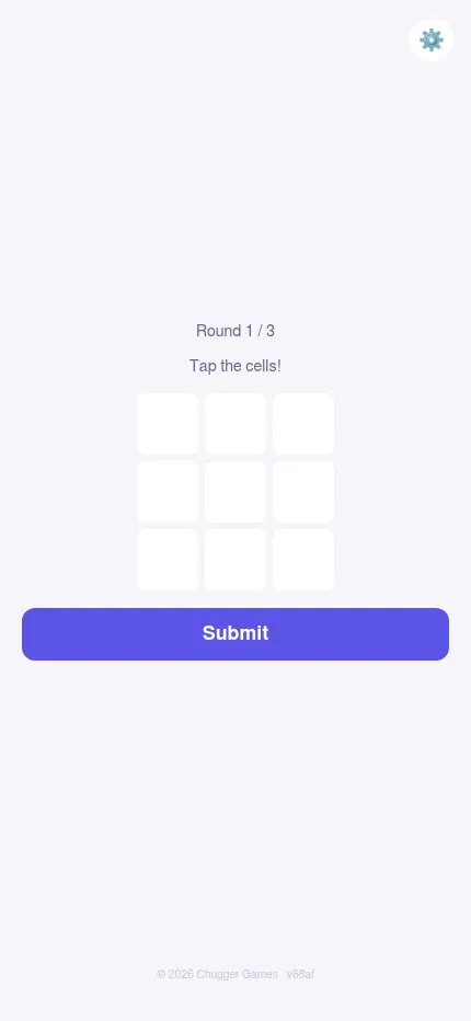 Daily Brain's Memory Grid at phone size: the 3 by 3 grid with the prompt Tap the cells and a Submit button