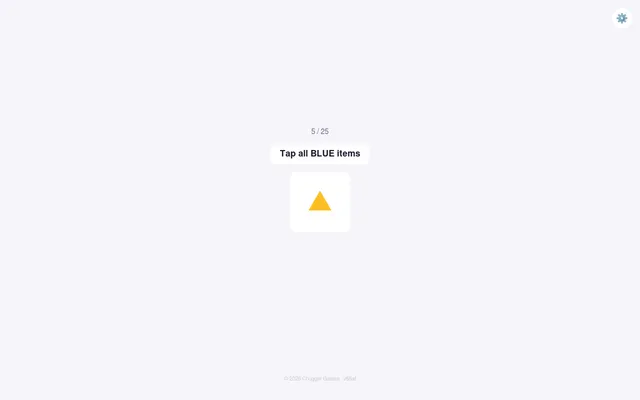 Daily Brain #263 in play: Attention Filter, item 5 of 25, a yellow triangle under the rule Tap all BLUE items
