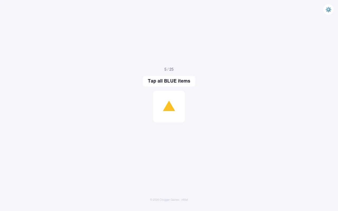 Daily Brain #263 in play: Attention Filter, item 5 of 25, a yellow triangle under the rule Tap all BLUE items