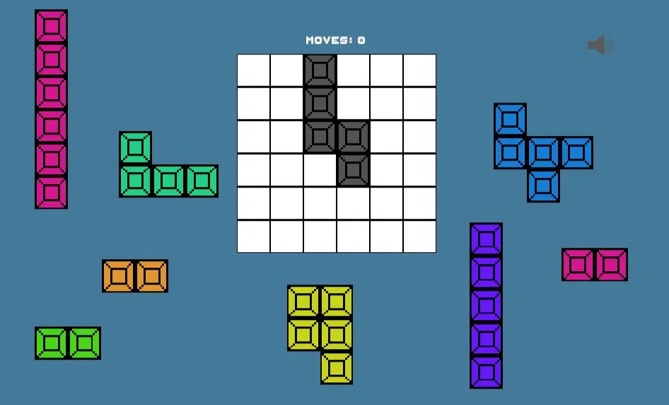 Daily Bricks at the start of a puzzle: an empty 6x6 box with a grey fixed block and coloured bricks around it