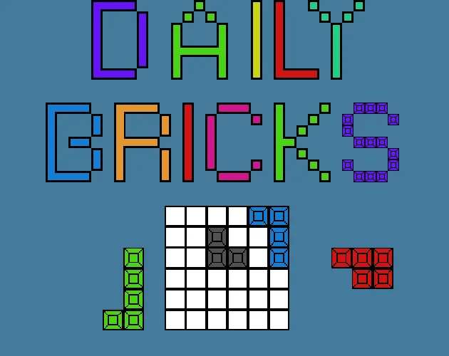 Daily Bricks title art in pixel letters above a 6x6 grid and three bricks