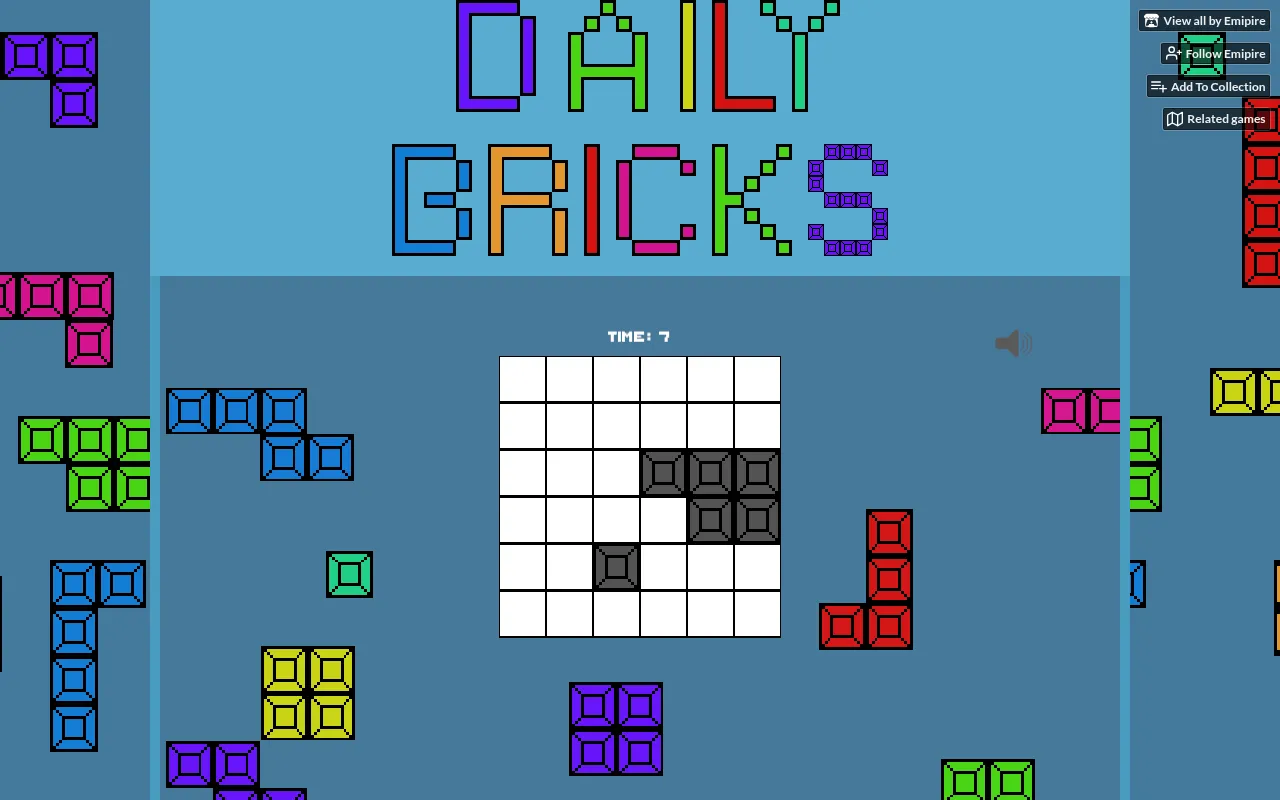 Daily Bricks on 18 October 2026: the day's 6x6 box with grey fixed cells, the timer running and coloured bricks around it