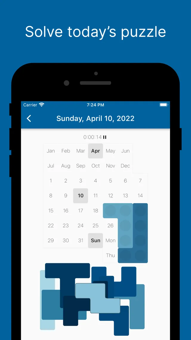 Daily Calendar Puzzle board for Sunday, April 10, 2022, with months, dates and weekdays and blue block pieces being placed