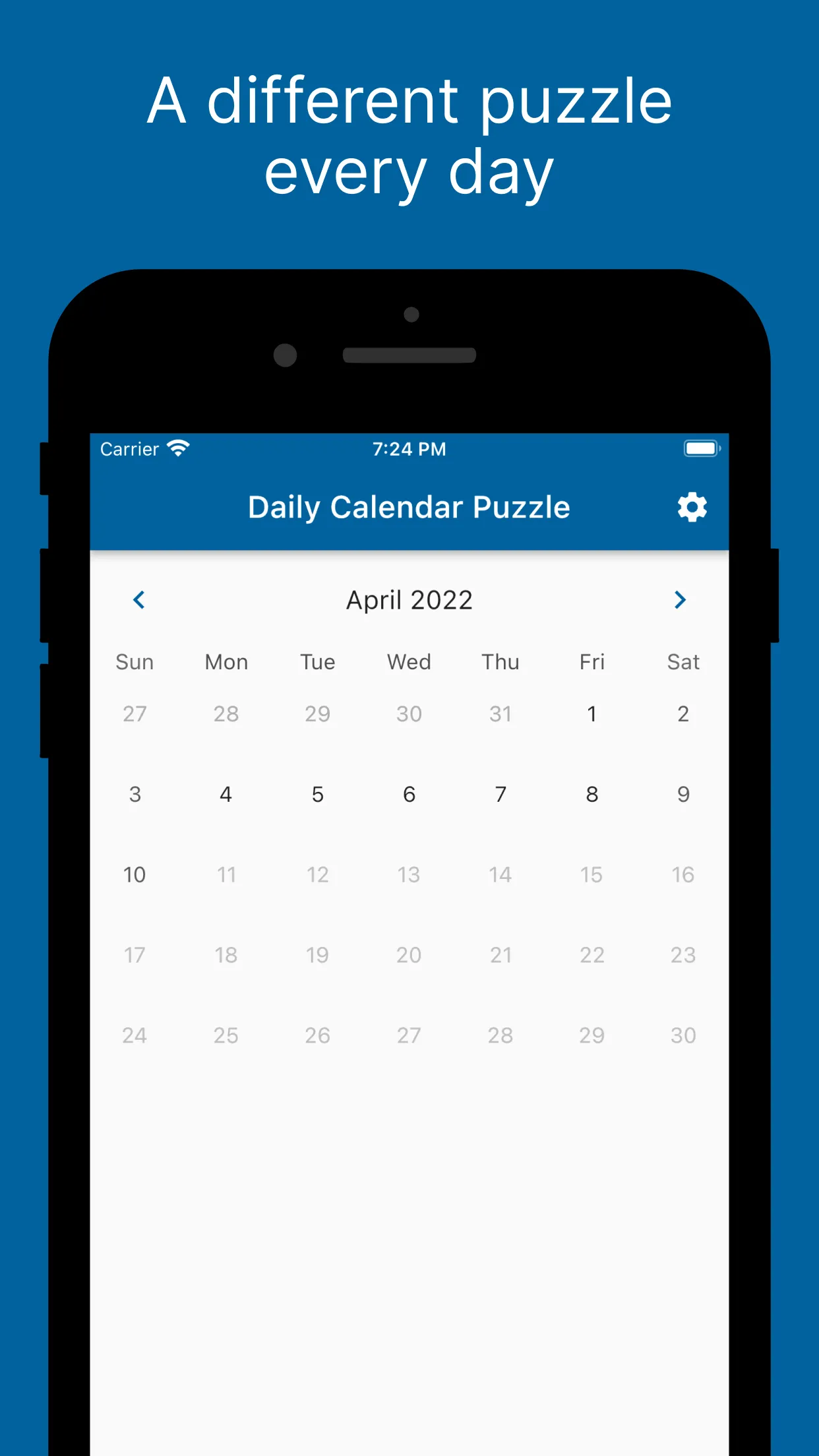 Daily Calendar Puzzle's month view for April 2022, for choosing which date's puzzle to play