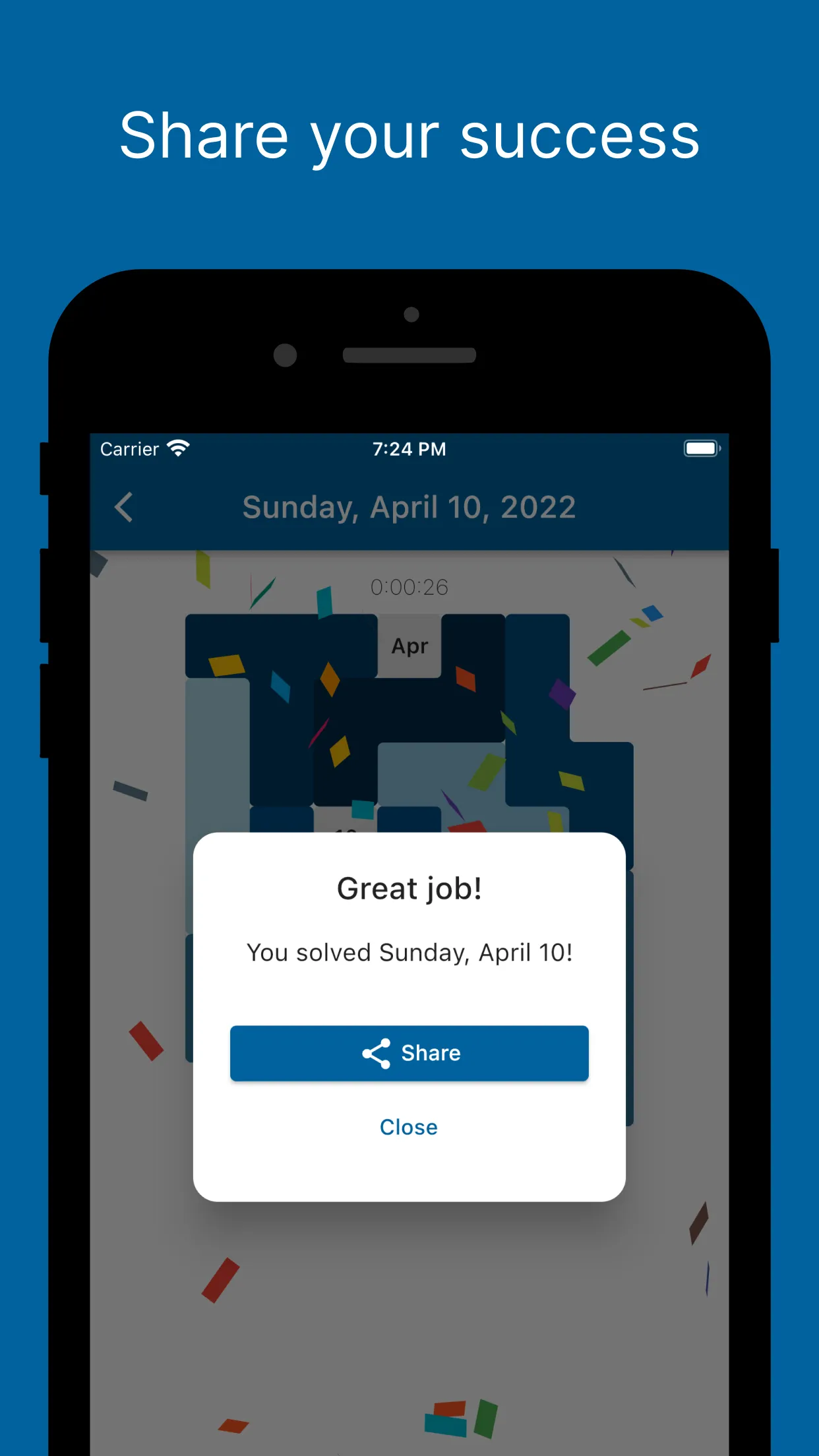 Daily Calendar Puzzle solved: a Great job message for Sunday, April 10 with a Share button