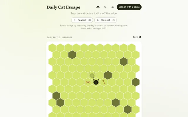 Daily Cat Escape's board for 22 October 2026 at desktop size: a hex field with dark wall tiles, the black cat in the middle, a cluster tile and a domino arrow beside it