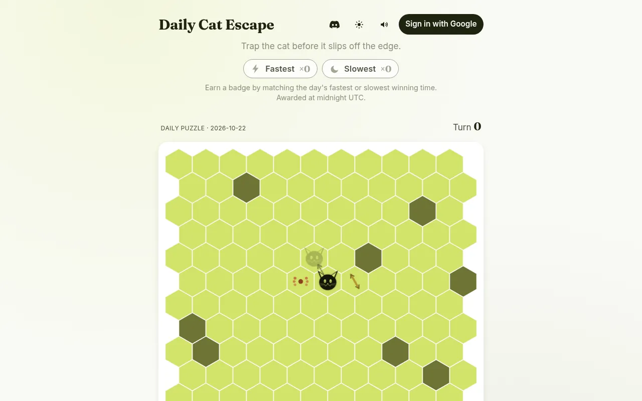 Daily Cat Escape's board for 22 October 2026 at desktop size: a hex field with dark wall tiles, the black cat in the middle, a cluster tile and a domino arrow beside it