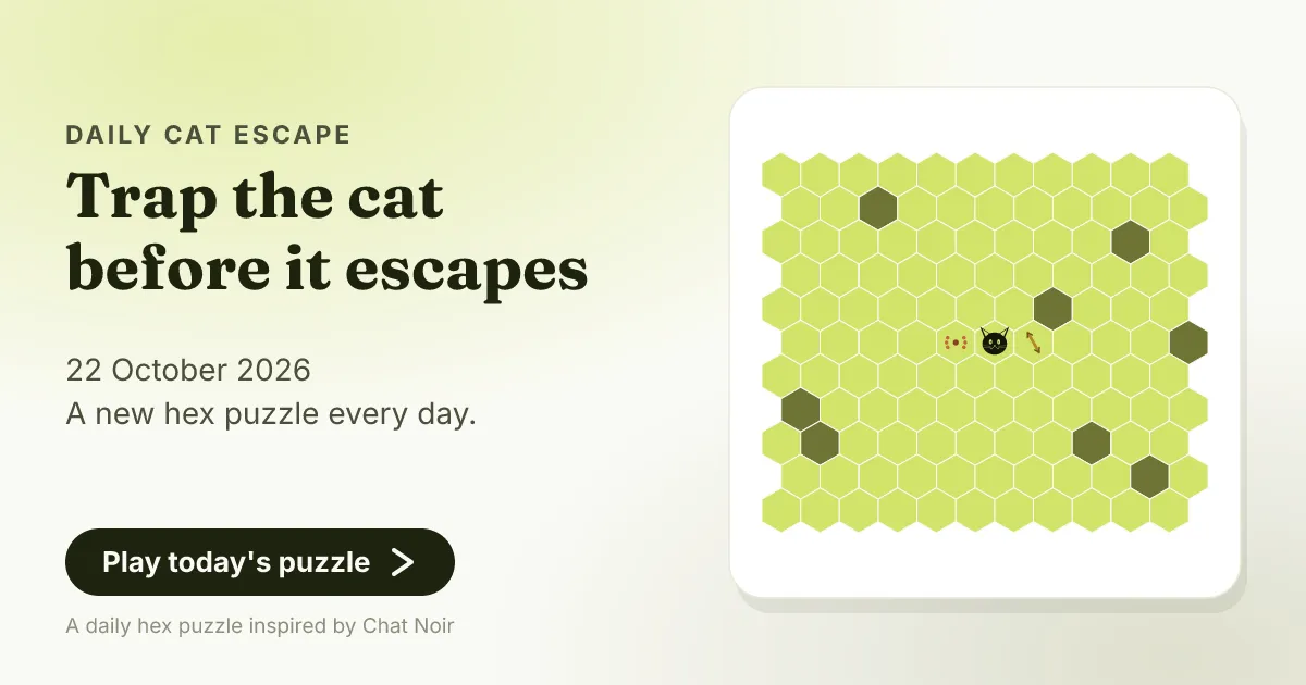 Daily Cat Escape share card for 22 October 2026: Trap the cat before it escapes, beside that day's hex board with the cat in the centre