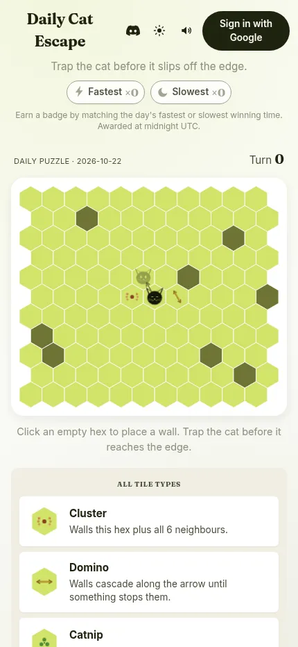 Daily Cat Escape at phone size: the 22 October 2026 hex board fits the screen, with the tile guide for cluster, domino and catnip below