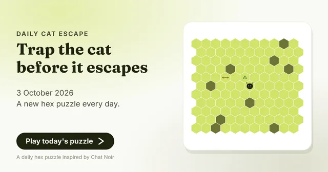 Daily Cat Escape share card for 3 October 2026: a hex board with walls and the cat in the middle