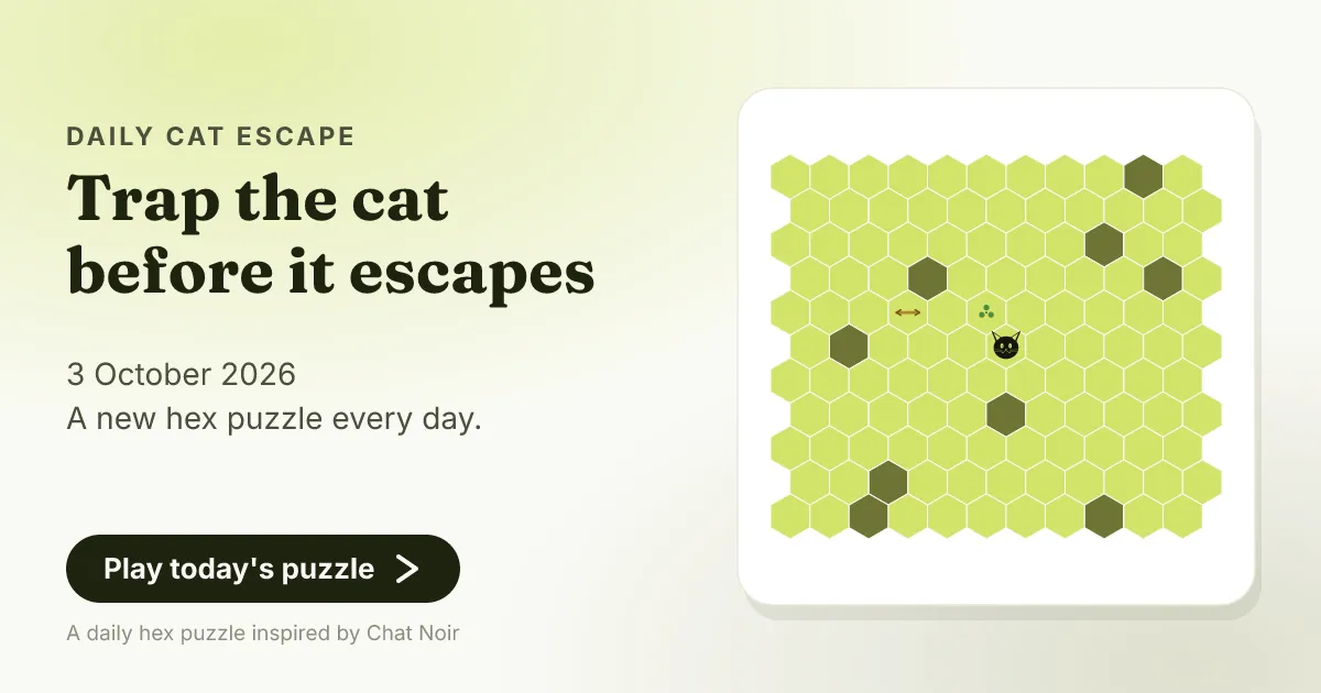 Daily Cat Escape share card for 3 October 2026: a hex board with walls and the cat in the middle
