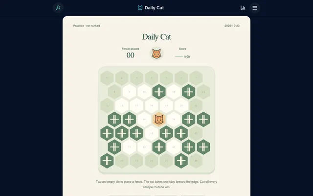 The Daily Cat board for 23 October 2026 on desktop: 49 numbered hex tiles, the day's starting fences in dark green and the cat on tile 25 near the centre
