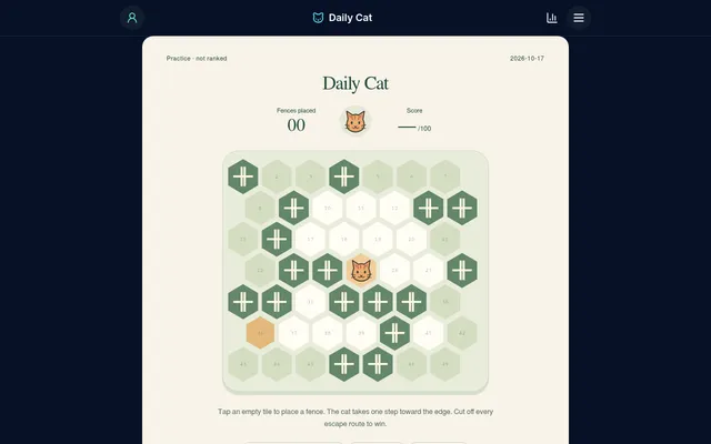 The Daily Cat board for 17 October 2026: a hex garden of 49 numbered tiles with green fence tiles and the cat near the centre