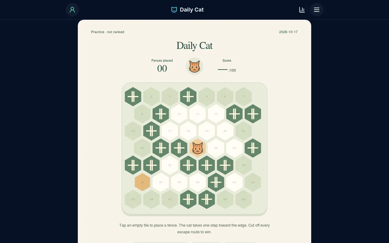 The Daily Cat board for 17 October 2026: a hex garden of 49 numbered tiles with green fence tiles and the cat near the centre