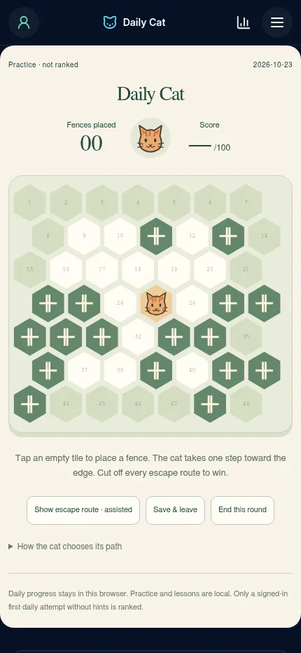 Daily Cat on a phone: the 23 October 2026 hex garden with its fences and the cat, the score above and the escape route, save and end buttons below