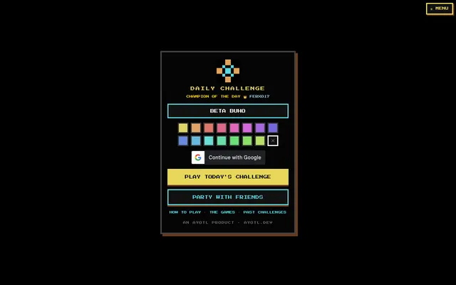 Daily Challenge start screen: the pixel d-pad logo, the champion of the day, a player name with colour choices, and buttons to play today's challenge or party with friends