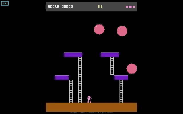 A Daily Challenge game in play, round 1: an Atari 2600-style screen with a pink figure on brown ground, purple platforms joined by ladders, three bouncing pink balls, and the score and lives at the to