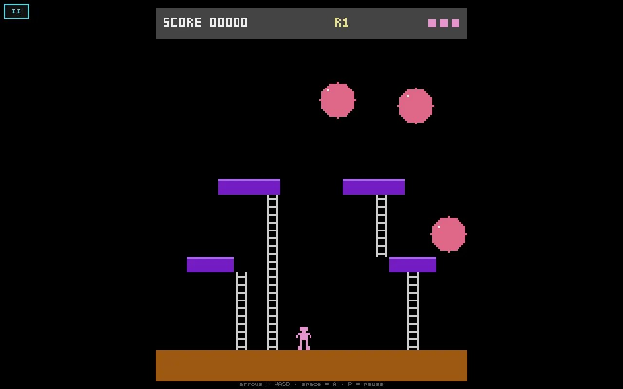 A Daily Challenge game in play, round 1: an Atari 2600-style screen with a pink figure on brown ground, purple platforms joined by ladders, three bouncing pink balls, and the score and lives at the to