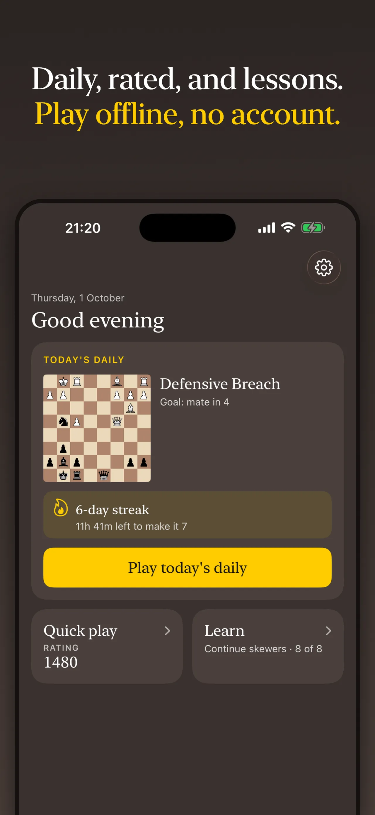 Daily Chess Puzzles store screenshot: the home screen with today's daily puzzle, a 6-day streak, the rating and the current lesson