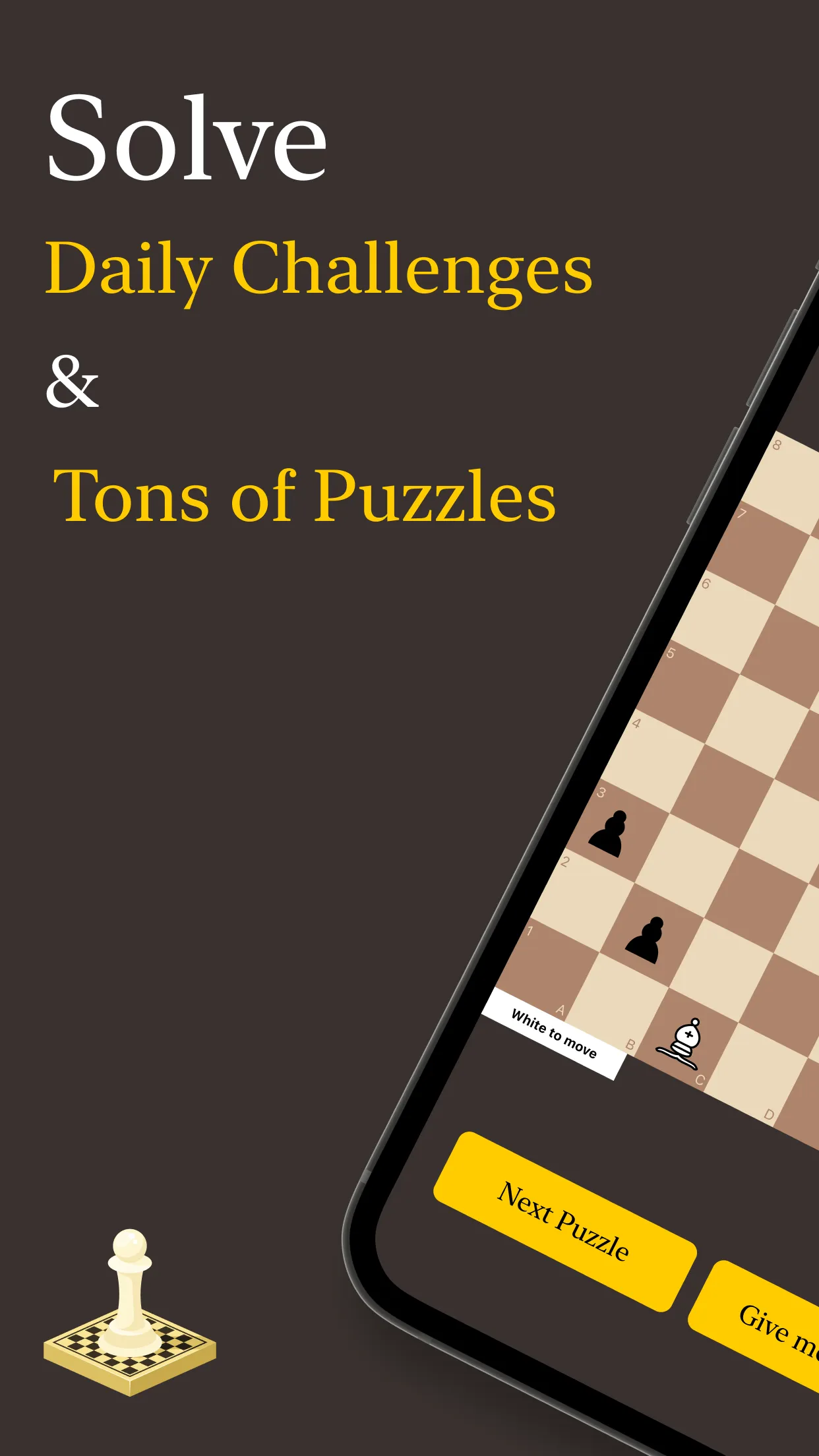 Daily Chess Puzzles store art: 'Solve Daily Challenges & Tons of Puzzles' beside a phone showing a chess position
