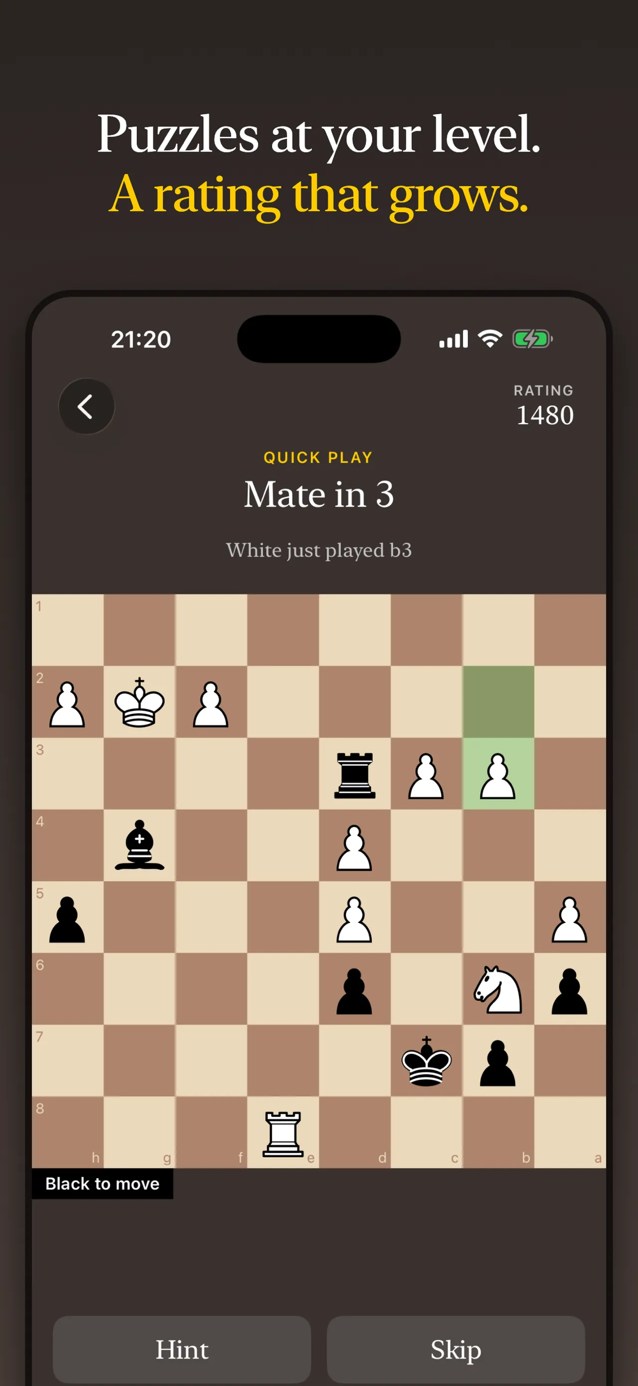 Daily Chess Puzzles store screenshot: a rated Quick Play puzzle, mate in 3, with Hint and Skip buttons